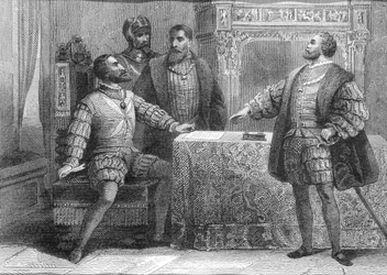 Carlos V de España (1500-58) y Francisco I de Francia (1494-1547) firmando el Tratado de Madrid, 14 de enero de 1526